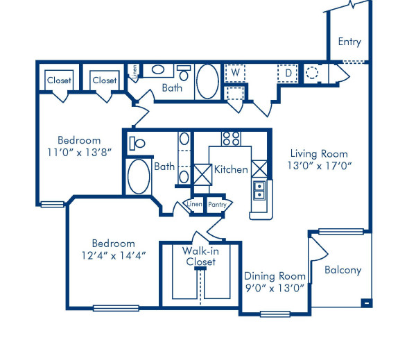 Blueprint of P Floor Plan, 2 Bedrooms and 2 Bathrooms at Camden Vanderbilt Apartments in Houston, TX