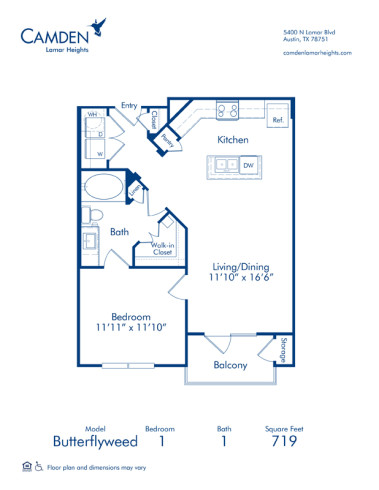Blueprint of Butterflyweed Floor Plan, 1 Bedroom and 1 Bathroom at Camden Lamar Heights Apartments in Austin, TX