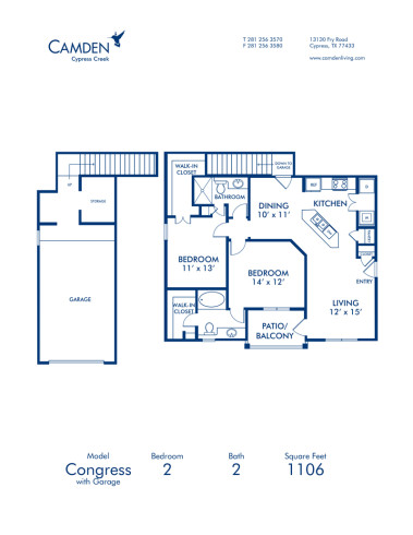 Blueprint of Congress - G Floor Plan, 2 Bedrooms and 2 Bathrooms at Camden Cypress Creek Apartments in Cypress, TX