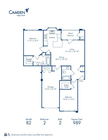 Blueprint of B2 Floor Plan, 2 Bedrooms and 2 Bathrooms at Camden Legacy Park Apartments in Plano, TX