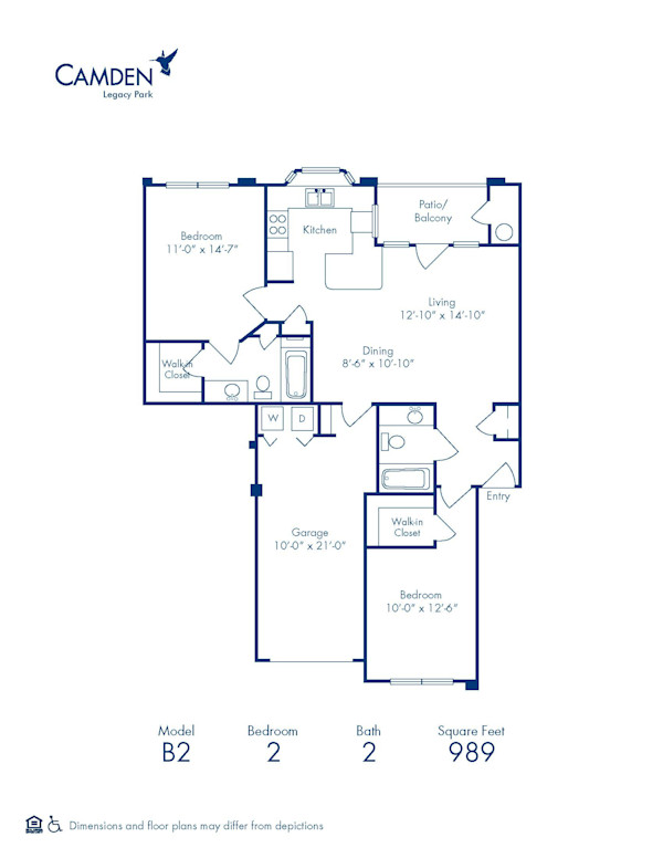 Blueprint of B2 Floor Plan, 2 Bedrooms and 2 Bathrooms at Camden Legacy Park Apartments in Plano, TX