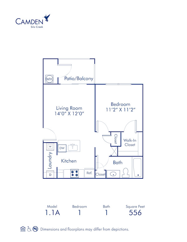 Blueprint of 1.1A Floor Plan, 1 Bedroom and 1 Bathroom at Camden Silo Creek Apartments in Ashburn, VA