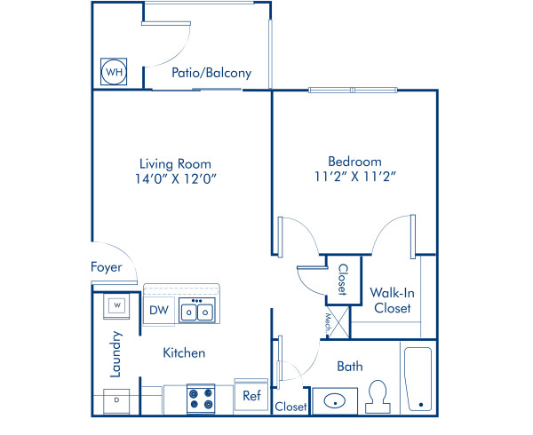 Blueprint of 1.1A Floor Plan, 1 Bedroom and 1 Bathroom at Camden Silo Creek Apartments in Ashburn, VA