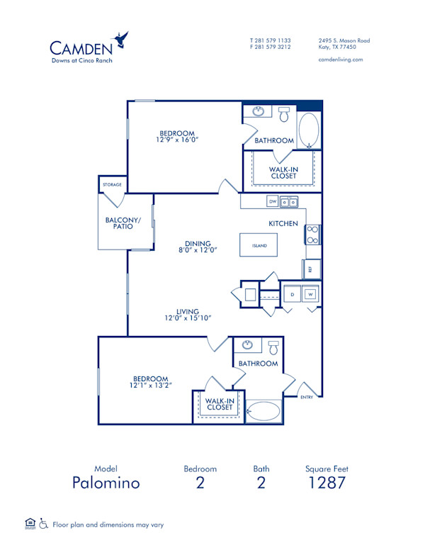 Blueprint of Palomino Floor Plan, 2 Bedrooms and 2 Bathrooms at Camden Downs at Cinco Ranch Apartments in Katy, TX