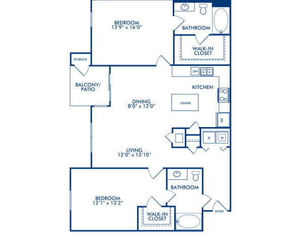 Blueprint of Palomino Floor Plan, 2 Bedrooms and 2 Bathrooms at Camden Downs at Cinco Ranch Apartments in Katy, TX