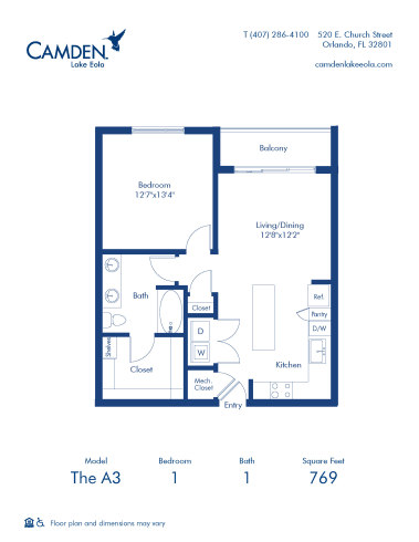 Camden Lake Eola apartments in Downtown Orlando, FL, one bedroom, one bathroom floor plan A3