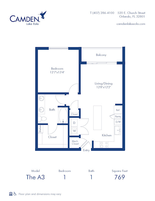 Camden Lake Eola apartments in Downtown Orlando, FL, one bedroom, one bathroom floor plan A3