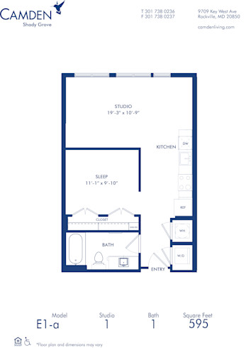 Blueprint of E1-A Floor Plan, Studio with 1 Bathroom at Camden Shady Grove Apartments in Rockville, MD