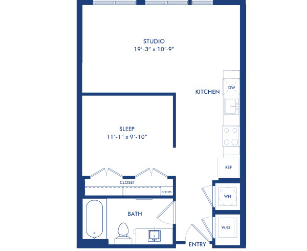 Blueprint of E1-A Floor Plan, Studio with 1 Bathroom at Camden Shady Grove Apartments in Rockville, MD