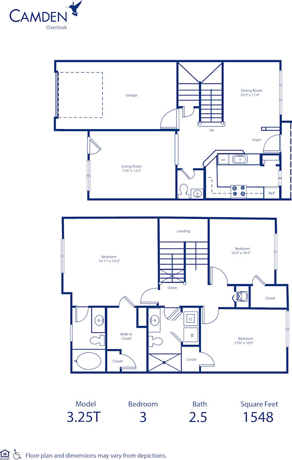 Blueprint of 3.25T Floor Plan, 3 Bedrooms and 2.5 Bathrooms at Camden Overlook Apartments in Raleigh, NC