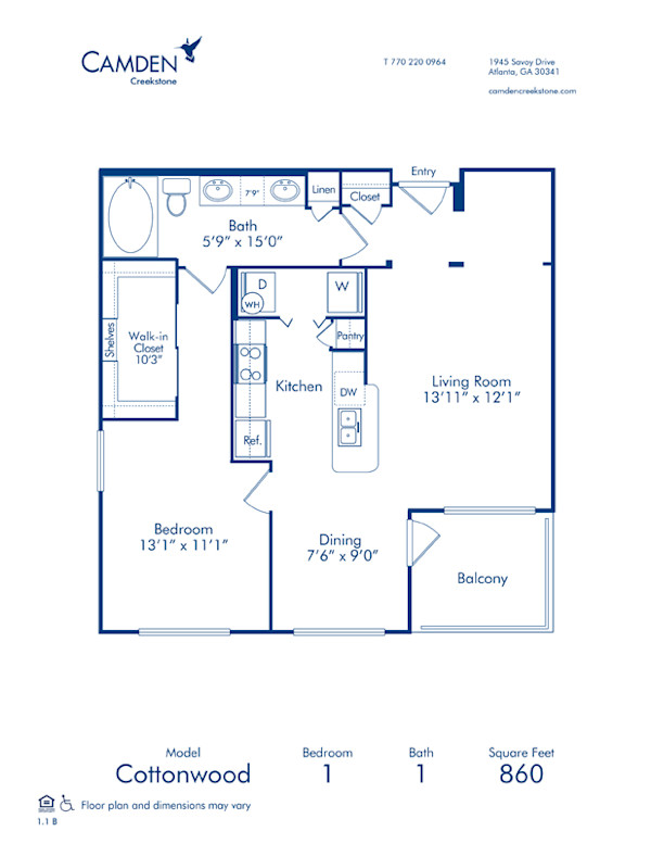 Blueprint of Cottonwood Floor Plan, 1 Bedroom and 1 Bathroom at Camden Creekstone Apartments in Atlanta, GA