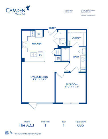 Blueprint of A2.3 Floor Plan, 1 Bedroom and 1 Bathroom at Camden Victory Park Apartments in Dallas, TX