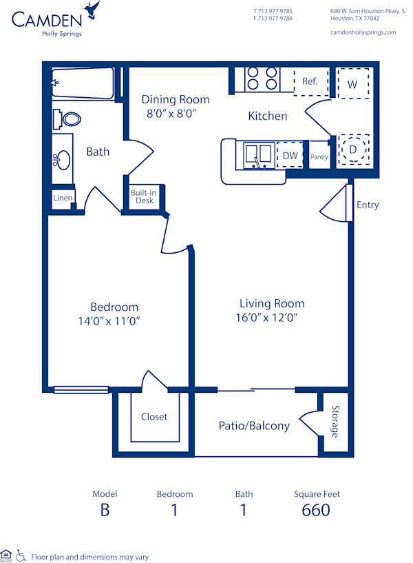 Blueprint of B Floor Plan, Apartment Home with 1 Bedroom and 1 Bathroom at Camden Holly Springs in Houston, TX