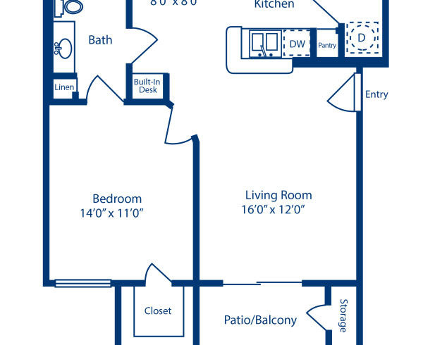 Blueprint of B Floor Plan, Apartment Home with 1 Bedroom and 1 Bathroom at Camden Holly Springs in Houston, TX