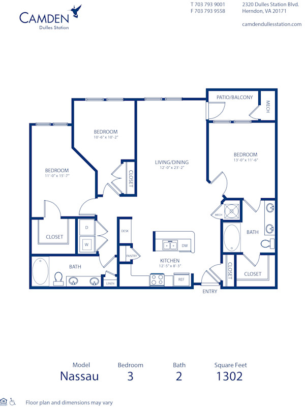 Blueprint of Nassau Floor Plan, 3 Bedrooms and 2 Bathrooms at Camden Dulles Station Apartments in Herndon, VA