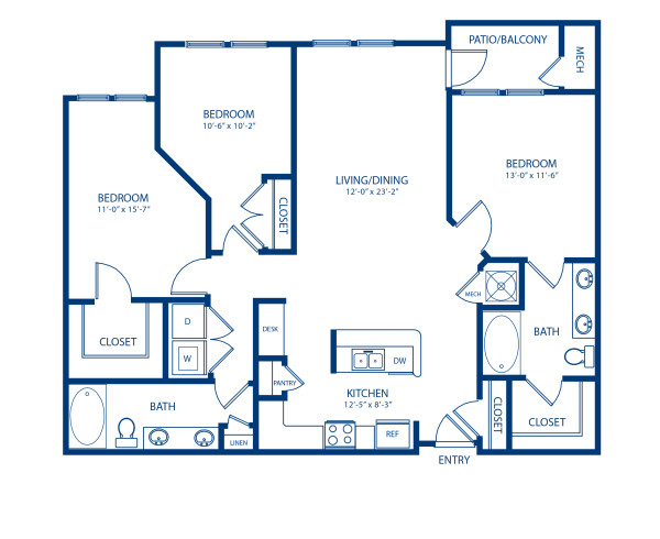 Blueprint of Nassau Floor Plan, 3 Bedrooms and 2 Bathrooms at Camden Dulles Station Apartments in Herndon, VA