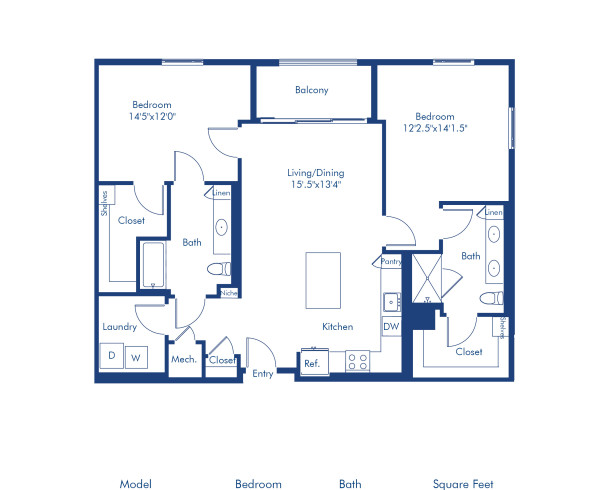 Camden Hillcrest apartments in San Diego, California two bedroom, two bath floor plan The B2