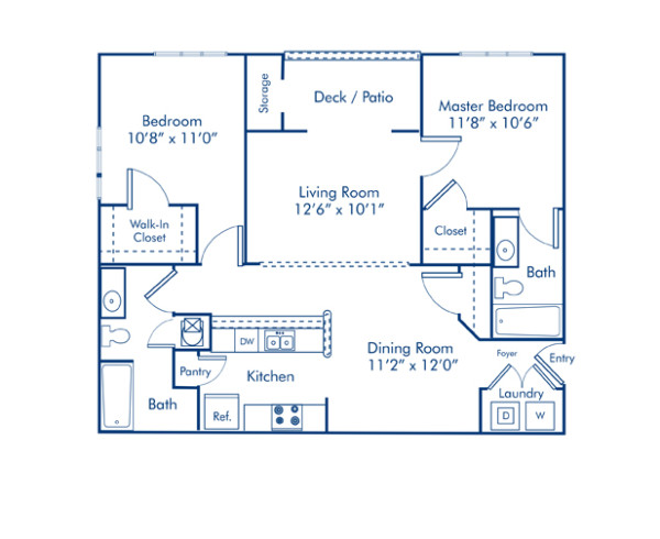 Blueprint of 2.2 Floor Plan, 2 Bedrooms and 2 Bathrooms at Camden Reunion Park Apartments in Apex, NC