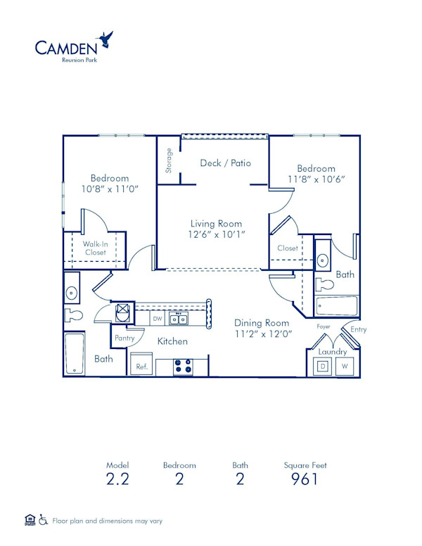 Blueprint of 2.2 Floor Plan, 2 Bedrooms and 2 Bathrooms at Camden Reunion Park Apartments in Apex, NC