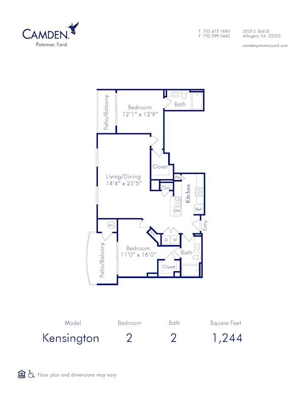 Blueprint of Kensington Floor Plan, 2 Bedrooms and 2 Bathrooms at Camden Potomac Yard Apartments in Arlington, VA