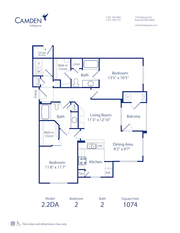 Blueprint of 2.2 DA Floor Plan, 2 Bedrooms and 2 Bathrooms at Camden Fallsgrove Apartments in Rockville, MD