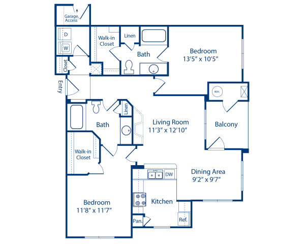 Blueprint of 2.2 DA Floor Plan, 2 Bedrooms and 2 Bathrooms at Camden Fallsgrove Apartments in Rockville, MD
