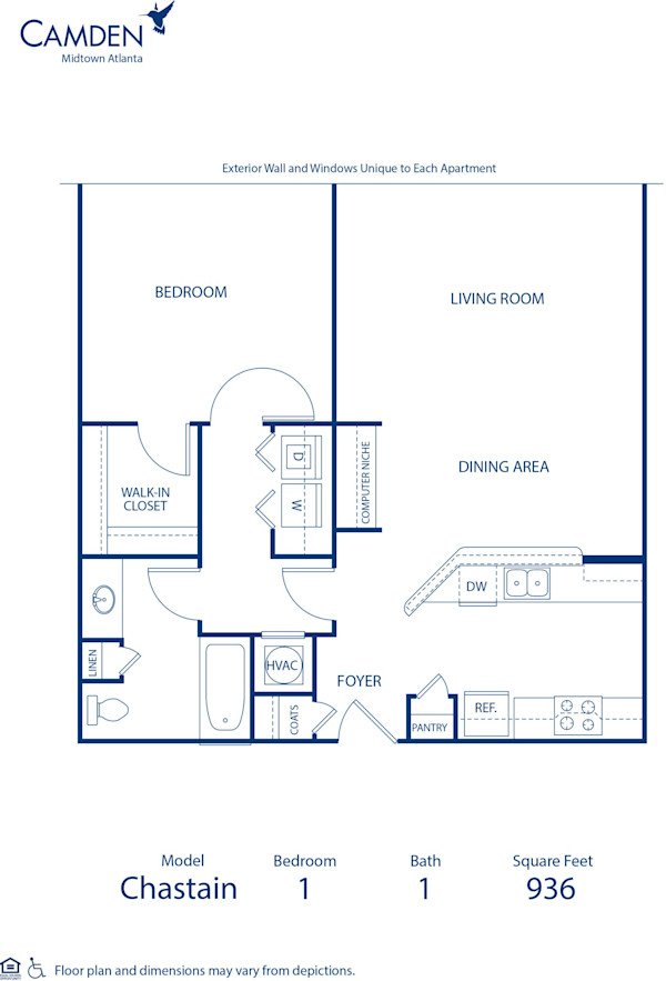 Blueprint of Chastain Floor Plan, 1 Bedroom and 1 Bathroom at Camden Midtown Atlanta Apartments in Atlanta, GA