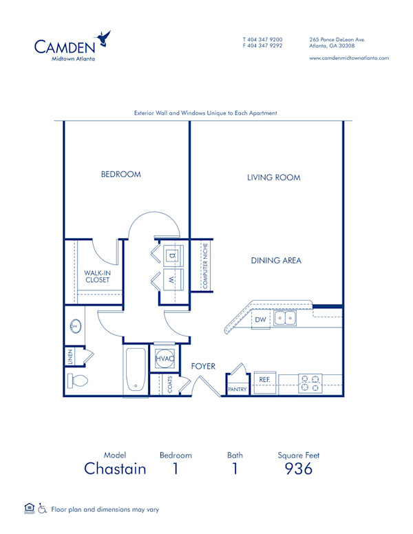Blueprint of Chastain Floor Plan, 1 Bedroom and 1 Bathroom at Camden Midtown Atlanta Apartments in Atlanta, GA