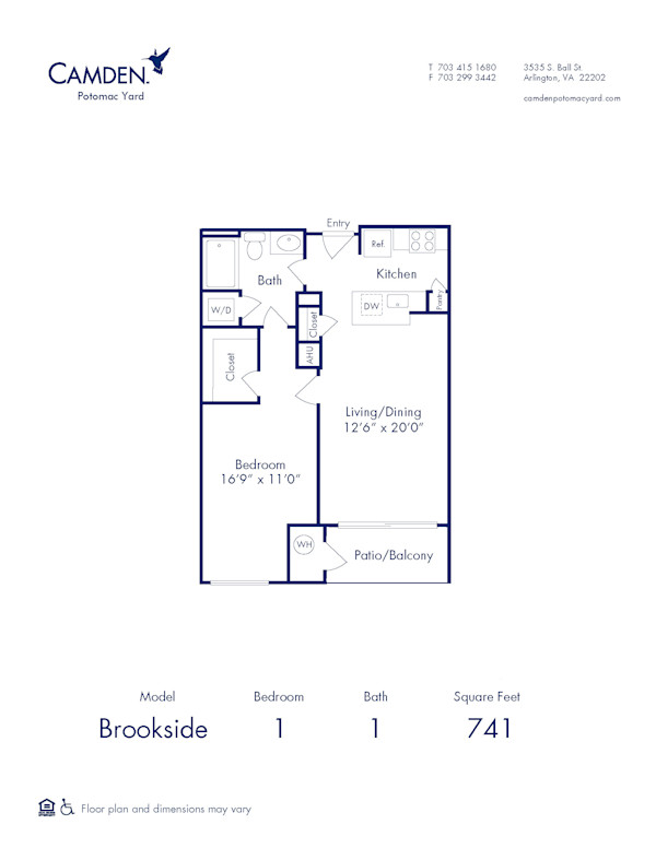 Blueprint of Brookside Floor Plan, 1 Bedroom and 1 Bathroom at Camden Potomac Yard Apartments in Arlington, VA