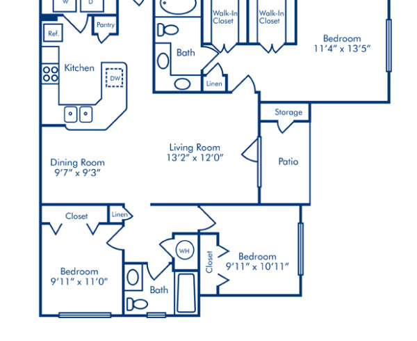 Blueprint of Rubina Floor Plan, 3 Bedrooms and 2 Bathrooms at Camden Lago Vista Apartments in Orlando, FL