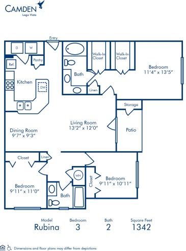 Blueprint of Rubina Floor Plan, 3 Bedrooms and 2 Bathrooms at Camden Lago Vista Apartments in Orlando, FL