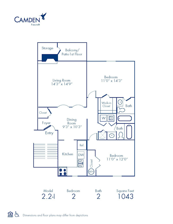 Blueprint of 2.2 Floor Plan, 2 Bedrooms and 2 Bathrooms at Camden Foxcroft Apartments in Charlotte, NC