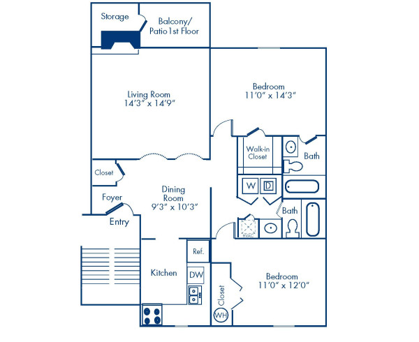Blueprint of 2.2 Floor Plan, 2 Bedrooms and 2 Bathrooms at Camden Foxcroft Apartments in Charlotte, NC