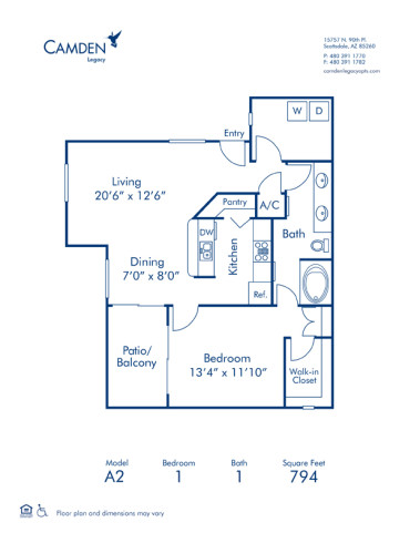 Blueprint of A2 Floor Plan, 1 Bedroom and 1 Bathroom at Camden Legacy Apartments in Scottsdale, AZ
