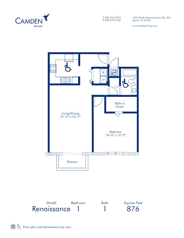 Blueprint of Renaissance Floor Plan, 1 Bedroom and 1 Bathroom at Camden Brickell Apartments in Miami, FL