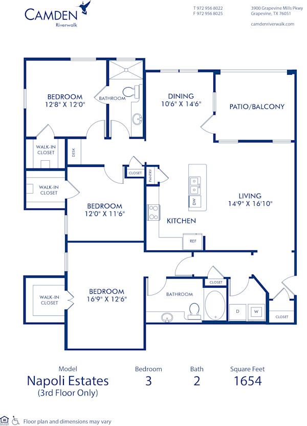 Blueprint of Napoli Estates Floor Plan, 3 Bedrooms and 2 Bathrooms at Camden Riverwalk Apartments in Grapevine, TX