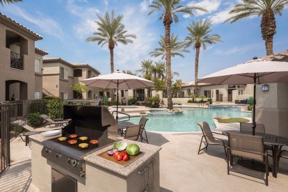 Poolside barbecue grill with dining areas