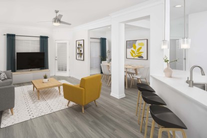Modern Living and Dining Room with hardwood-style flooring at Camden St.Clair in Atlanta GA