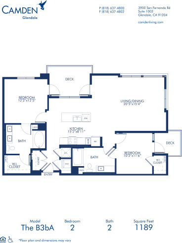 Blueprint of B3bA Floor Plan, Apartment Home with 2 Bedrooms and 2 Bathrooms at Camden Glendale in Glendale, CA