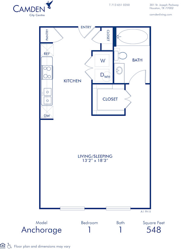 Blueprint of Anchorage II Floor Plan, Studio with 1 Bathroom at Camden City Centre II Apartments in Houston, TX