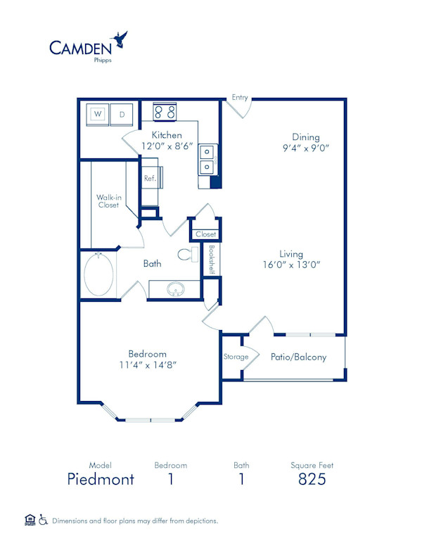 Blueprint of Piedmont Floor Plan, 1 Bedroom and 1 Bathroom at Camden Phipps Apartments in Atlanta, GA