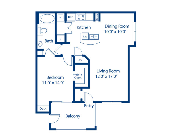 Blueprint of Clark Floor Plan, 1 Bedroom and 1 Bathroom at Camden Northpointe Apartments in Tomball, TX