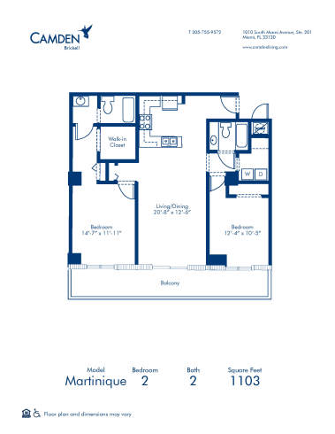Blueprint of Martinique Floor Plan, 2 Bedrooms and 2 Bathrooms at Camden Brickell Apartments in Miami, FL