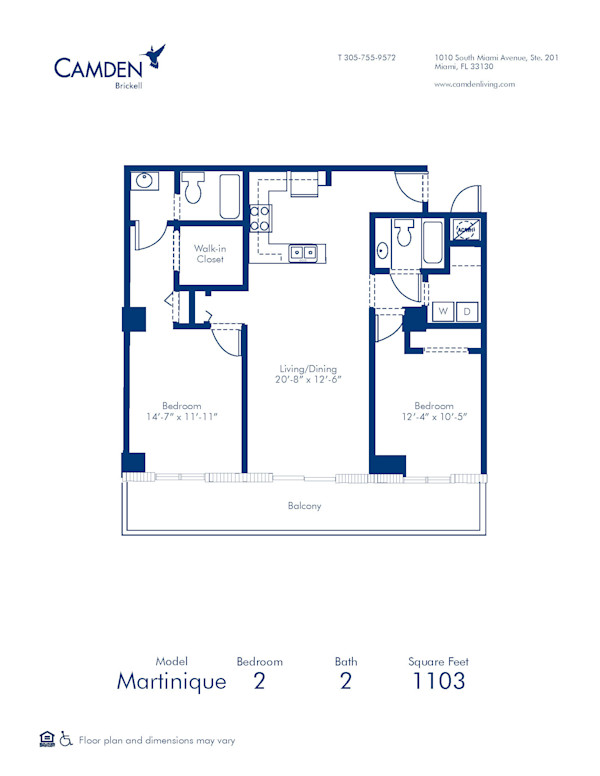 Blueprint of Martinique Floor Plan, 2 Bedrooms and 2 Bathrooms at Camden Brickell Apartments in Miami, FL