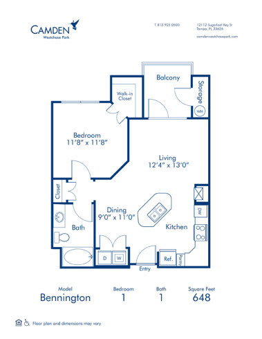Blueprint of Bennington Floor Plan, 1 Bedroom and 1 Bathroom at Camden Westchase Park Apartments in Tampa, FL