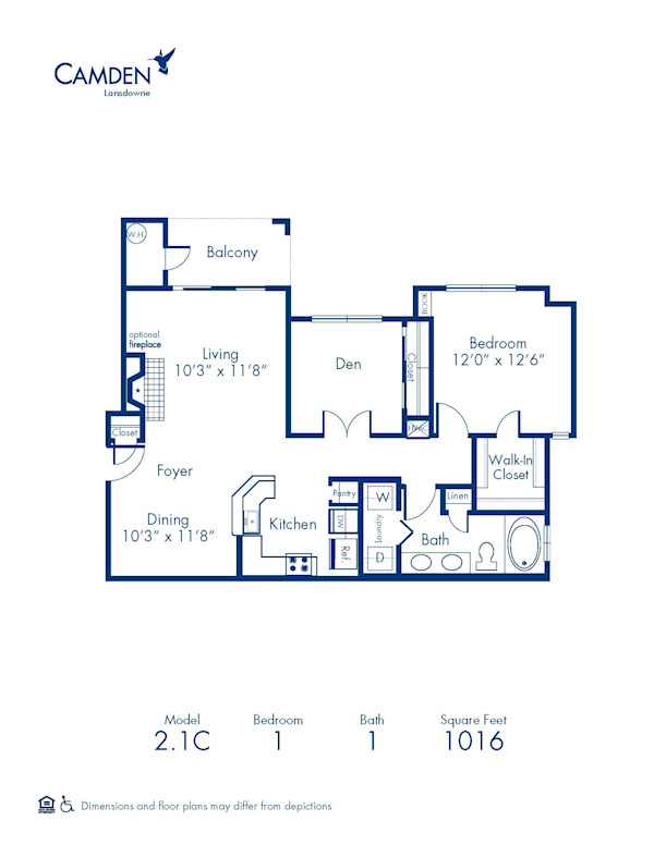 Blueprint of 2.1C Floor Plan, 2 Bedrooms and 1 Bathroom at Camden Lansdowne Apartments in Lansdowne, VA