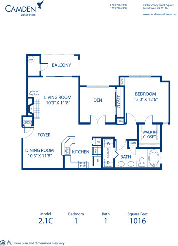 Blueprint of 2.1C Floor Plan, 2 Bedrooms and 1 Bathroom at Camden Lansdowne Apartments in Lansdowne, VA