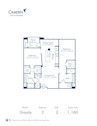 Blueprint of Gravity Floor Plan, 2 Bedrooms and 2 Bathrooms at Camden Main and Jamboree Apartments in Irvine, CA