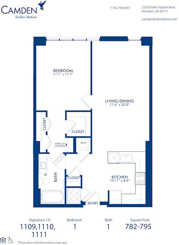 Blueprint of Signature 1.E Floor Plan, 1 Bedroom and 1 Bathroom at Camden Dulles Station Apartments in Herndon, VA