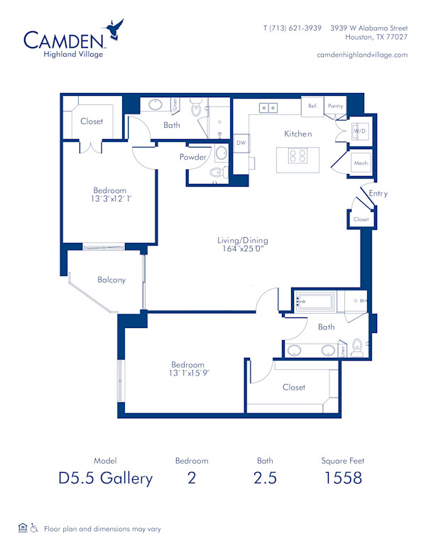 Camden Highland Village apartments in Houston, TX Gallery two bedroom floor plan D5.5